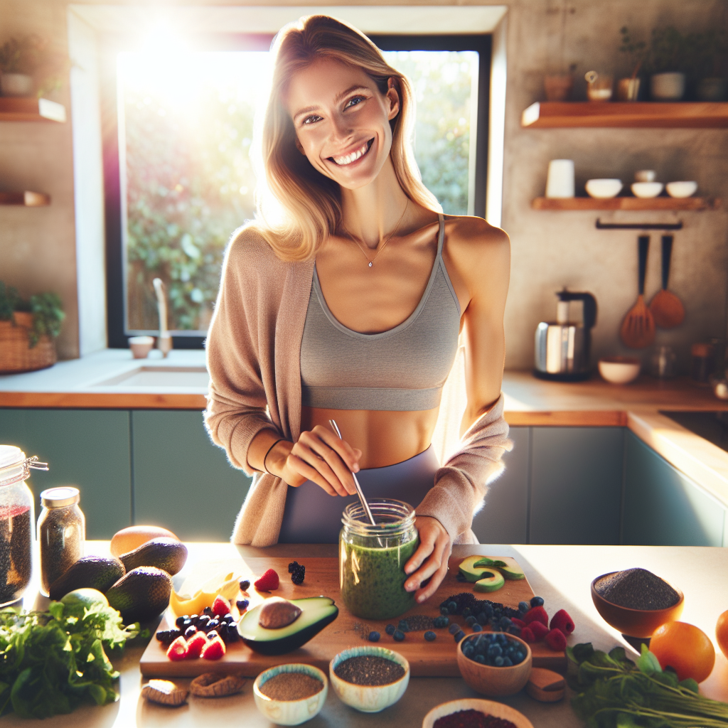 Smiling woman in sunlit kitchen making healthy smoothie with natural appetite-suppressing ingredients.